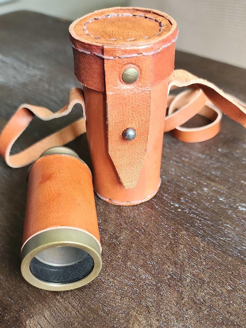 Handcrafted Antique Vintage Leather Monocular Case and Strap - Tan